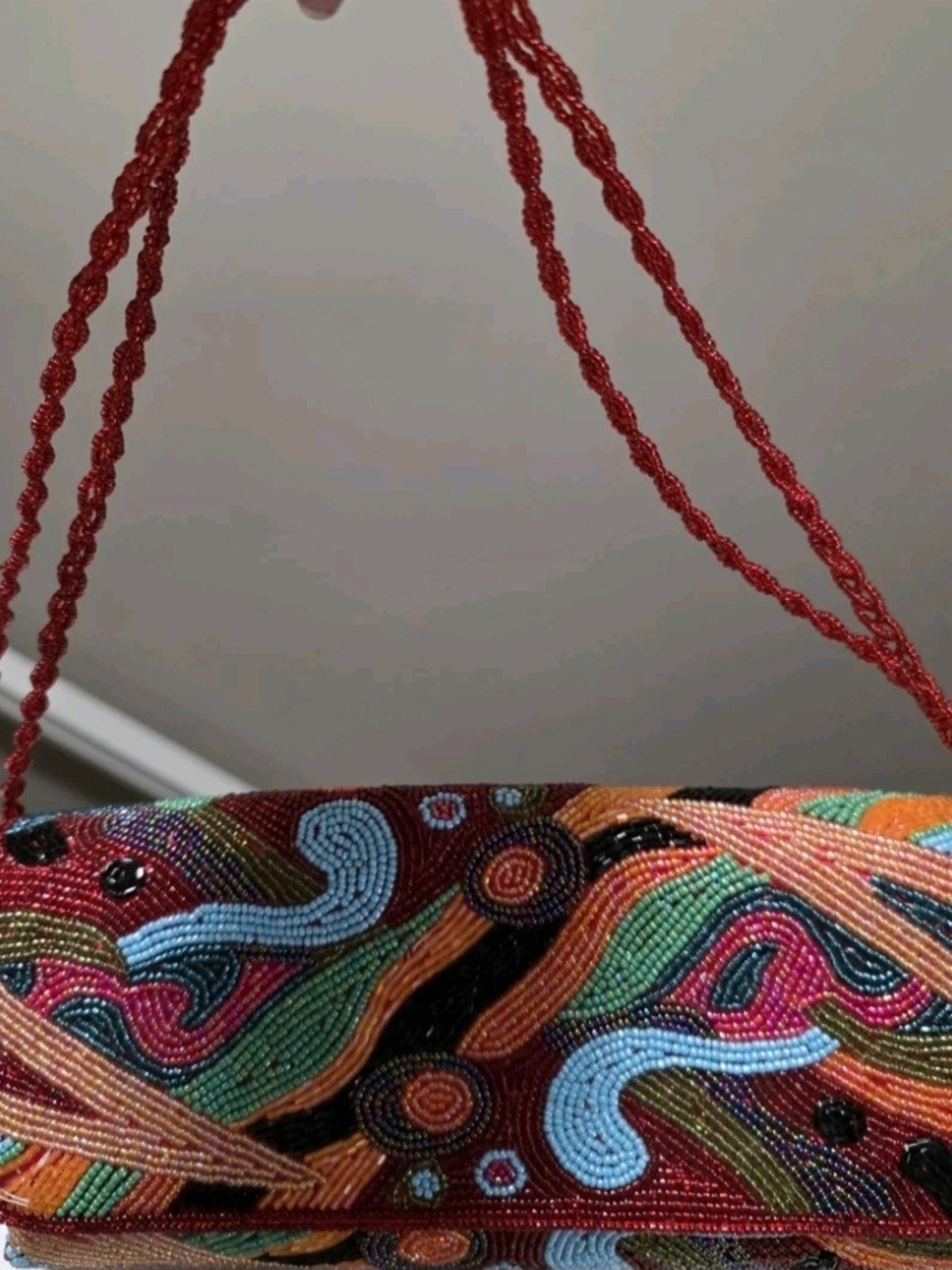 Beaded Multicolor Evening Clutch Bag - Red Strap